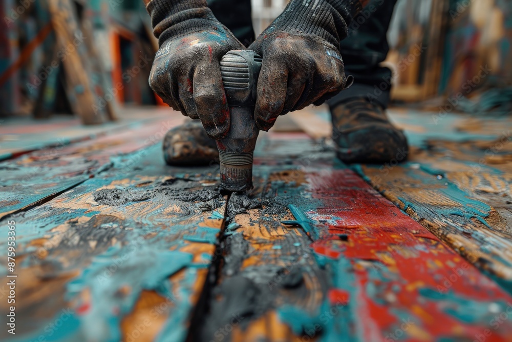 A close-up shot of gloved hands using a drill on a multicolored wooden surface, highlighting the textures, colors, and intensity of the manual labor involved.