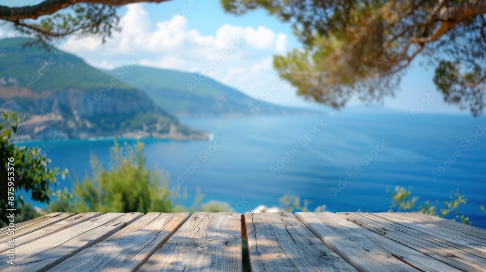 Wooden Tabletop Overlooking Sea and Mountains Wooden Tabletop Overlooking Sea and Mountains