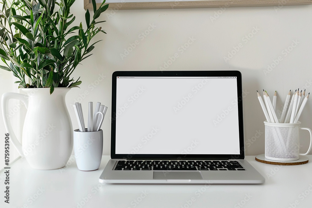 Fototapeta premium A minimalistic workspace with a laptop, pencils, and a plant, ready for productivity with plenty of copy space.