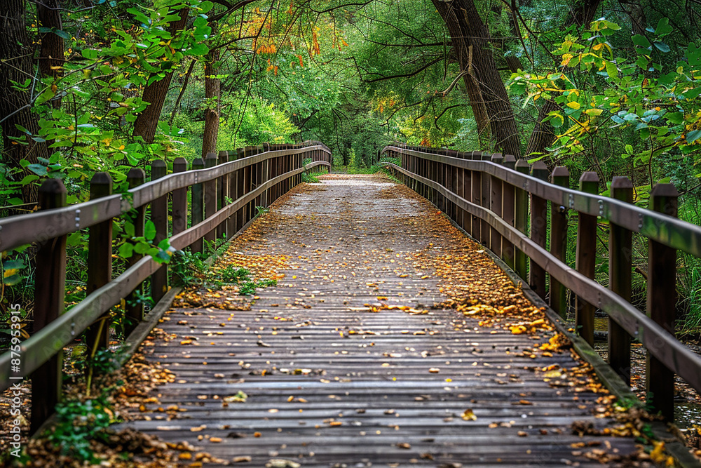 Fototapeta premium A peaceful wooden pathway through a dense, green forest, covered with fallen leaves, inviting for a nature walk.