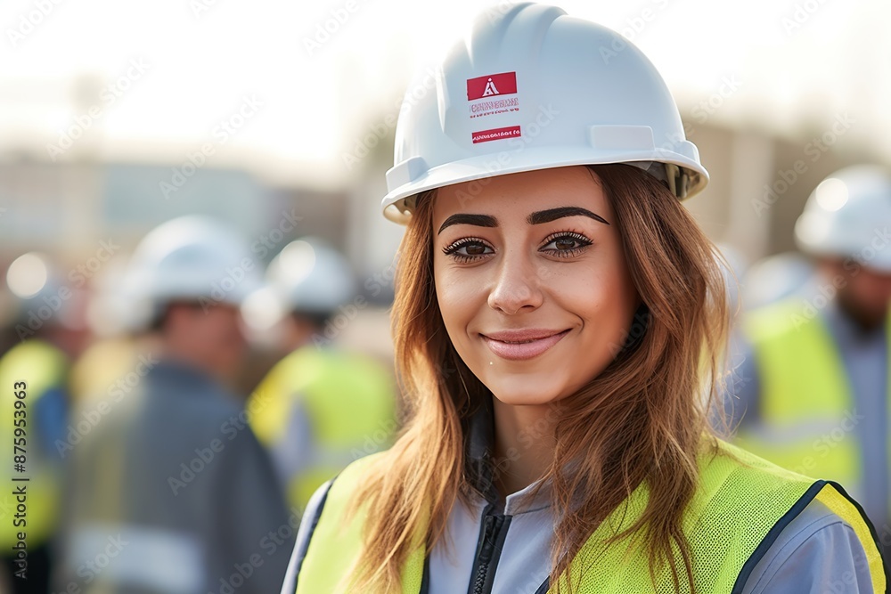 Adult female hispanic engineer with white helmet, standing in building site. Adult female hispanic engineer with white helmet, standing in building site.
