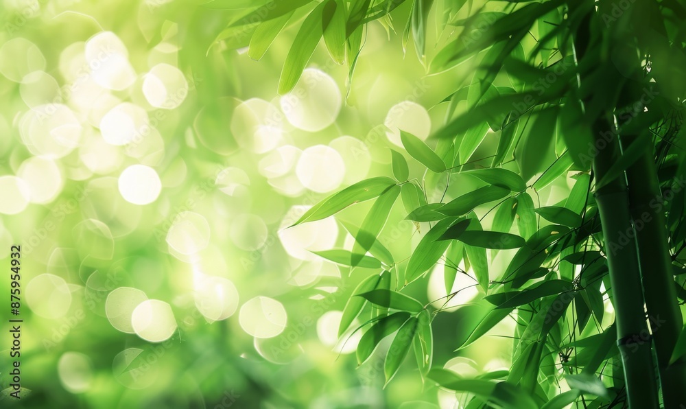 Bamboo garden background with bamboo stems and leaves on a relaxing green background, which is ideal for spa, holiday, travel and cosmetics. Bamboo garden background with bamboo stems and leaves on a relaxing green background, which is ideal for spa, holiday, travel and cosmetics.