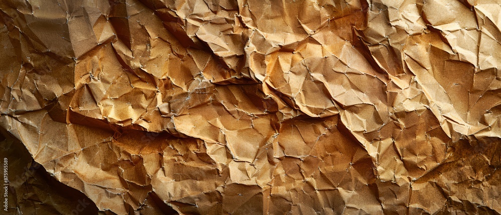 Close-up of crumpled brown paper with a textured, abstract pattern. Close-up of crumpled brown paper with a textured, abstract pattern.