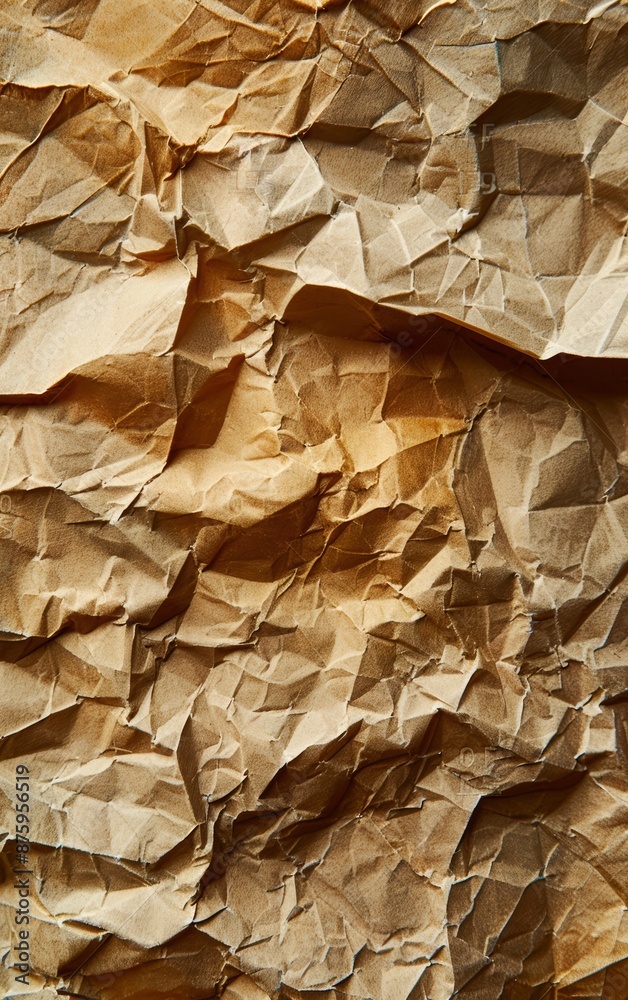 Close-up texture of crumpled brown paper, showing intricate folds and shadows. Close-up texture of crumpled brown paper, showing intricate folds and shadows.
