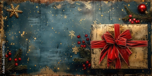 The photo shows a beautifully wrapped present with a red ribbon and bow, surrounded by festive decorations. photo