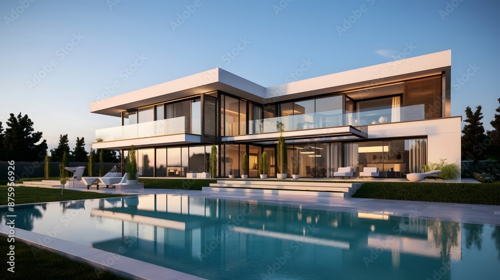 Obraz premium Modern House with Pool at Sunset