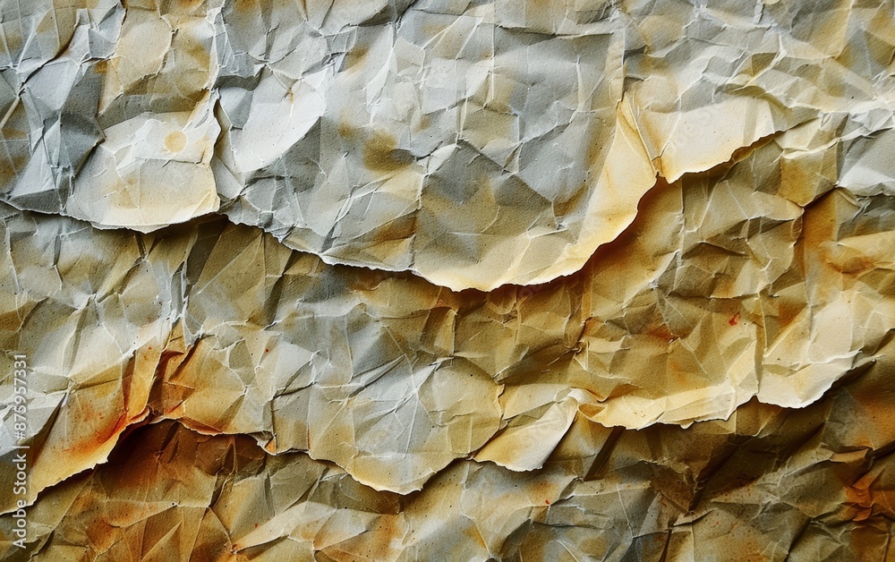 Close up of crumpled paper with textured surface in brown and white colors. Abstract background with uneven, wrinkled pattern. Close up of crumpled paper with textured surface in brown and white colors. Abstract background with uneven, wrinkled pattern.