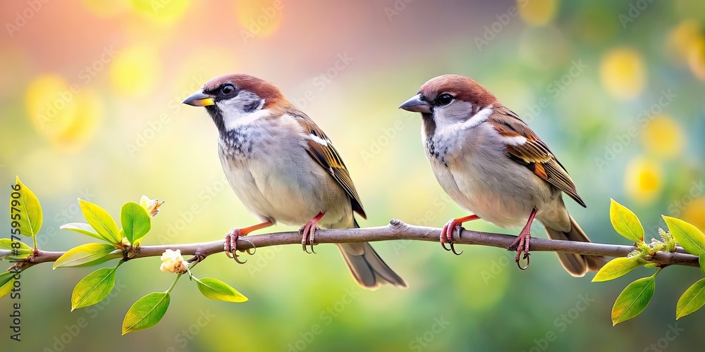 Two sparrows perched on a branch in a whimsical , sparrows, birds,nature, branch, cute, wildlife, feathered, pair, flying Two sparrows perched on a branch in a whimsical , sparrows, birds,nature, branch, cute, wildlife, feathered, pair, flying