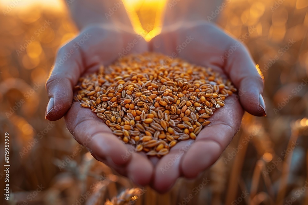 Hands gently holding a collection of wheat seeds, set against the backdrop of a natural wheat field during sunset, symbolizing growth, harvest, and connection to nature. Hands gently holding a collection of wheat seeds, set against the backdrop of a natural wheat field during sunset, symbolizing growth, harvest, and connection to nature.