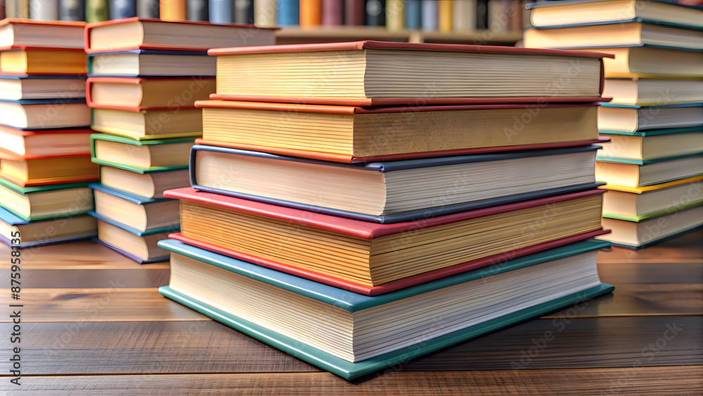 Stack of colorful books on wooden table, closeup. Space for text Stack of colorful books on wooden table, closeup. Space for text