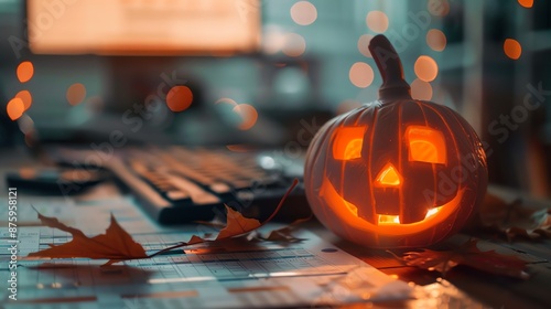 Cozy home office with glowing Halloween pumpkin on desk, surrounded by autumn leaves and warm lights, creating a festive atmosphere.