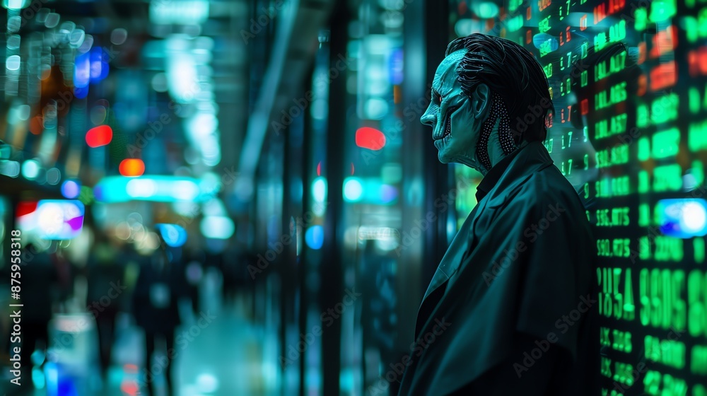 Man in futuristic city with green digital data on wall, conveying technology and cyberpunk atmosphere, reflecting modern urban life.