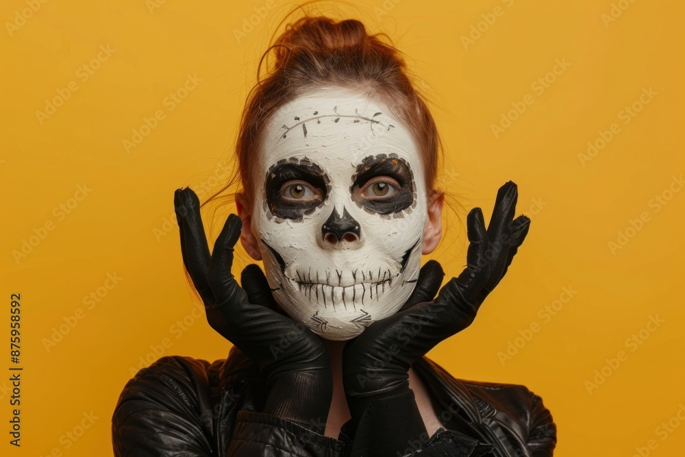 Woman wearing scary skull makeup posing with hands on chin Woman wearing scary skull makeup posing with hands on chin