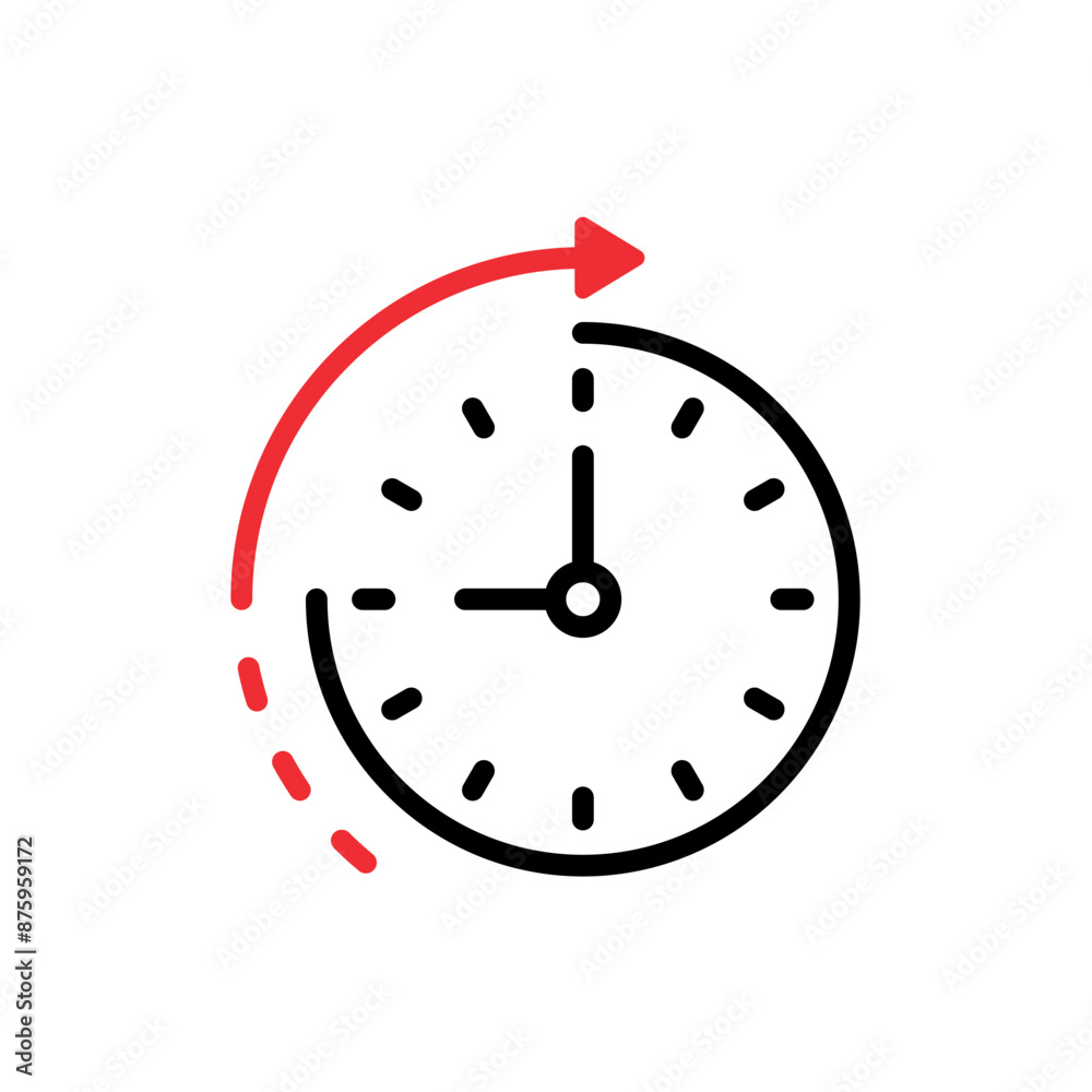 analog clock and rotating red arrow sign. red arrow and wall clock