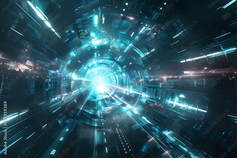 Fototapeta premium Blue and teal illustration of a digital tunnel