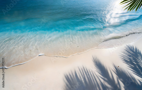 white sand beach with blue water wave and palm leaf shadow from above, beautiful empty. Generative AI.