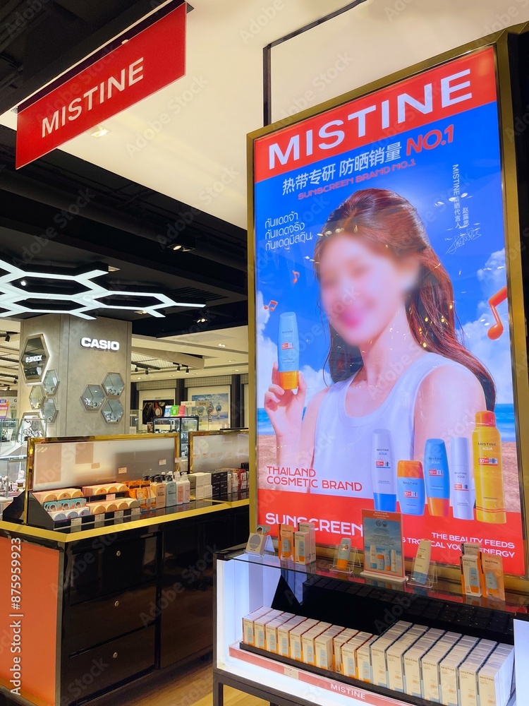 Mistine Background Shopping mall in Thailand. Trade floor, official retail shops. Thai ...