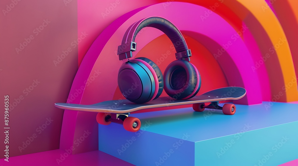 Wireless headphones sit atop a skateboard and lean against a colorful wall very detailed and realistic shape
