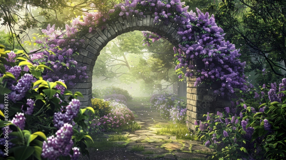 Mystical fairy garden with a stone archway and blooming lilac bushes. The archway serves as a portal to a whimsical world. A picturesque digital painting
