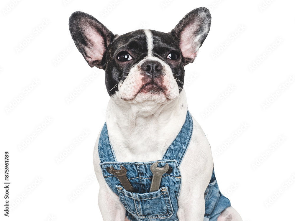 Fototapeta premium Cute puppy, denim overalls and spanners. Close-up, indoors. Studio shot. Congratulations for family, relatives, loved ones, friends and colleagues. Pets care concept