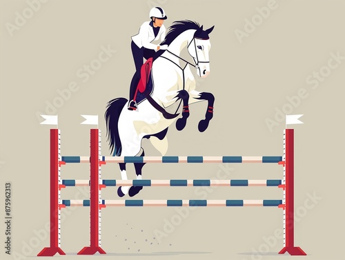 Equestrian rider jumping hurdles clipart, flat vector art, horse showjumping, simple cartoon 2D photo