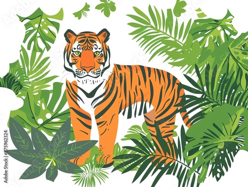 Exotic jungle safari clipart, wild tigers, flat art, simple cartoon 2D emblem photo