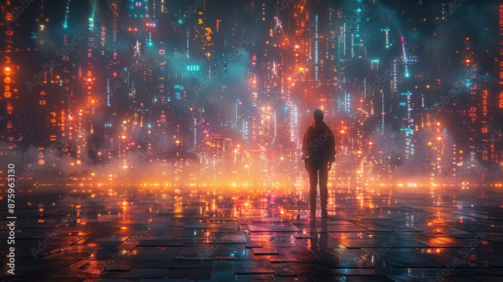 Silhouette of a person standing in front of a futuristic cityscape with vibrant neon lights and reflections on wet pavement during nighttimefuturistic Silhouette of a person standing in front of a futuristic cityscape with vibrant neon lights and reflections on wet pavement during nighttimefuturistic
