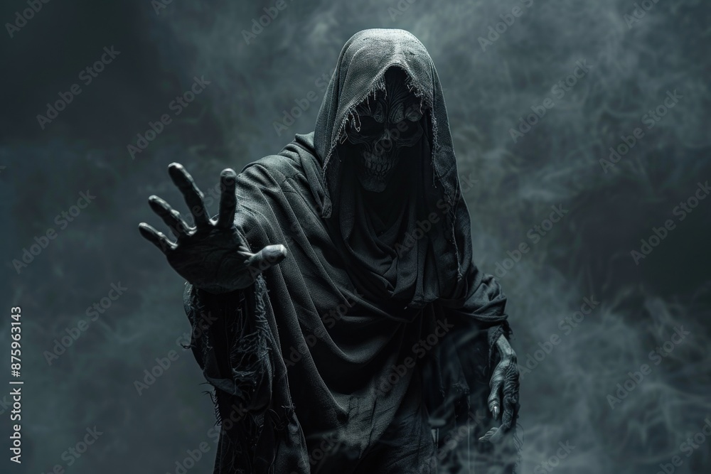Grim reaper wearing black hood reaching out with hand surrounded by smoke Grim reaper wearing black hood reaching out with hand surrounded by smoke