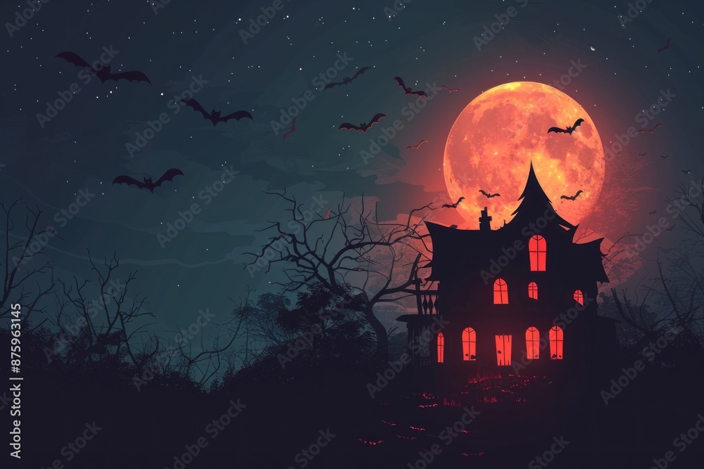 © Minerva Studio - Haunted house is standing on a hill with bats flying under the red moon on halloween night