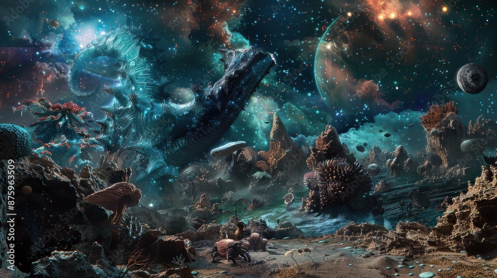 Alien Landscape with Giant Sea Creature Under a Starry Sky Alien Landscape with Giant Sea Creature Under a Starry Sky