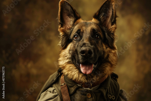 Noble German Shepherd in Military Attire Ready for Duty. Suitable for animal rescue campaigns, military-themed projects, and pet loyalty promotions. © Mirador