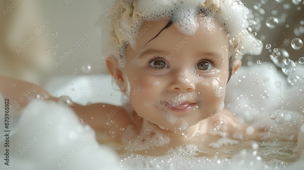 Adorable Smiling Baby Enjoying Bath Time with Foamy Bubbles and Playful Expression in Warm Water Settingbaby Adorable Smiling Baby Enjoying Bath Time with Foamy Bubbles and Playful Expression in Warm Water Settingbaby