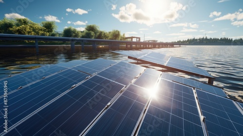 Solar Panels in the Sun Surrounded by Water