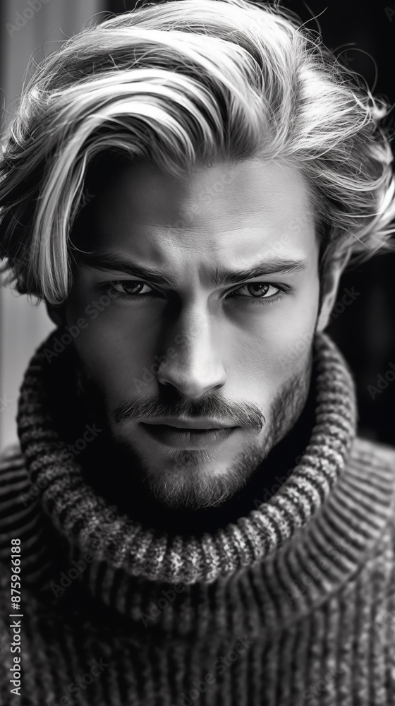 Black and white close-up portrait of a man with striking features and intense gaze, wearing a chunky turtleneck sweater Black and white close-up portrait of a man with striking features and intense gaze, wearing a chunky turtleneck sweater