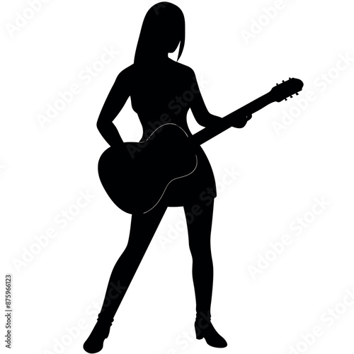 Woman plays guitar, front side view, different type of pose vector silhouette 