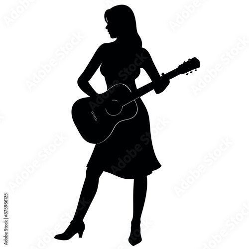 Woman plays guitar, front side view, different type of pose vector silhouette 