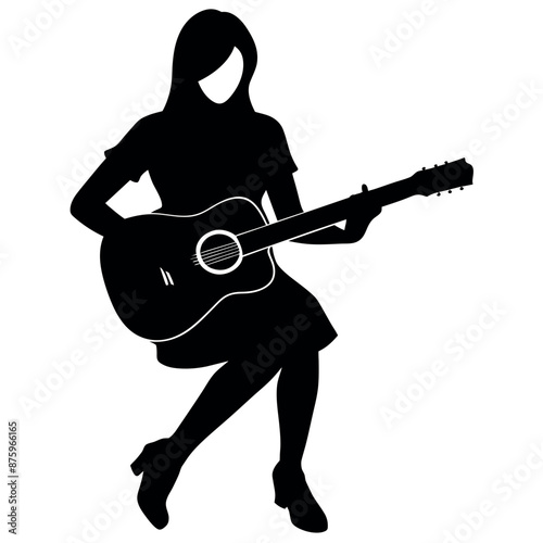 Woman plays guitar, front side view, different type of pose vector silhouette 