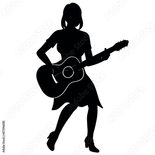 Woman plays guitar, front side view, different type of pose vector silhouette 