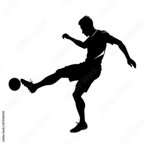  Soccer player kicking ball vector silhouette, white background 