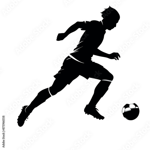  Soccer player kicking ball vector silhouette, white background 