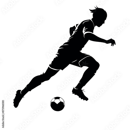  Soccer player kicking ball vector silhouette, white background 