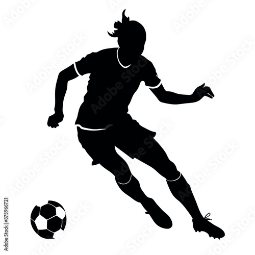 Soccer player kicking ball vector silhouette, white background