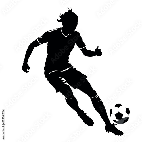 Soccer player kicking ball vector silhouette, white background
