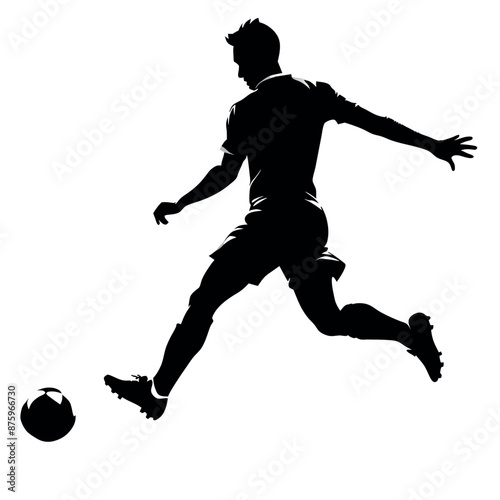 Soccer player kicking ball vector silhouette, white background