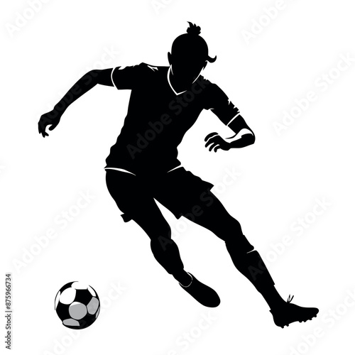 Soccer player kicking ball vector silhouette, white background