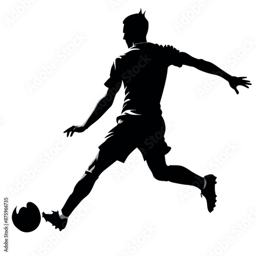 Soccer player kicking ball vector silhouette, white background