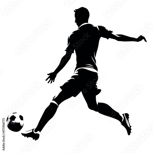 Soccer player kicking ball vector silhouette, white background