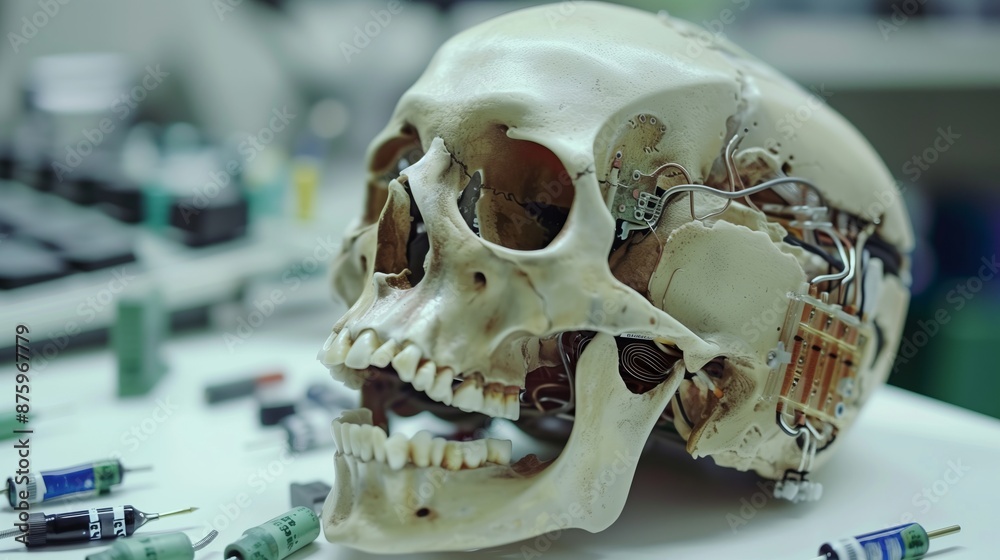 A human skull with embedded chips and wires, symbolizing the interaction of biology and technology. A skull lies on a table in a laboratory, surrounded by various instruments A human skull with embedded chips and wires, symbolizing the interaction of biology and technology. A skull lies on a table in a laboratory, surrounded by various instruments