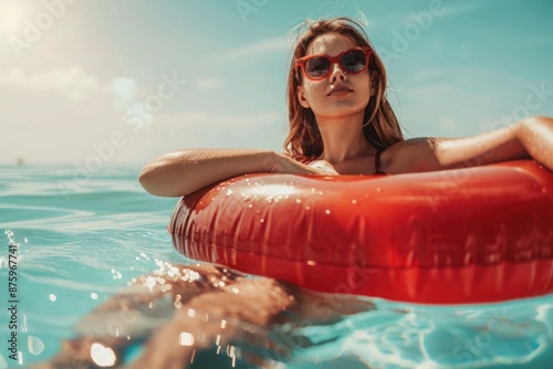 A stunning woman lounging in a swimming pool on a bright sunny day, wearing a bikini and sunglasses