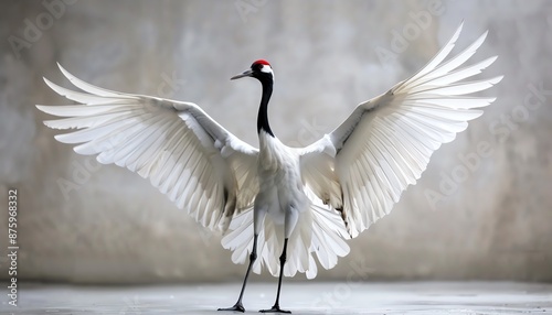 A Japanese crane performing a graceful and elegant dance with its wings spread photo